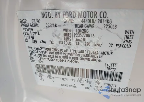 2009 Ford Escape Xls/Xls Manual из США, поврежденный, VIN 1FMCU02769KD14082